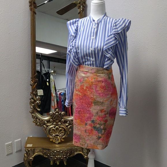 Ruffled strip long sleeve button down top - Picture 3 of 8